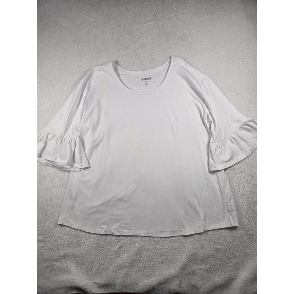 Roamans Plus Size 2X White Ruffle Sleeve Scoop‎ Neck Cotton Tee Top NWOT Staple